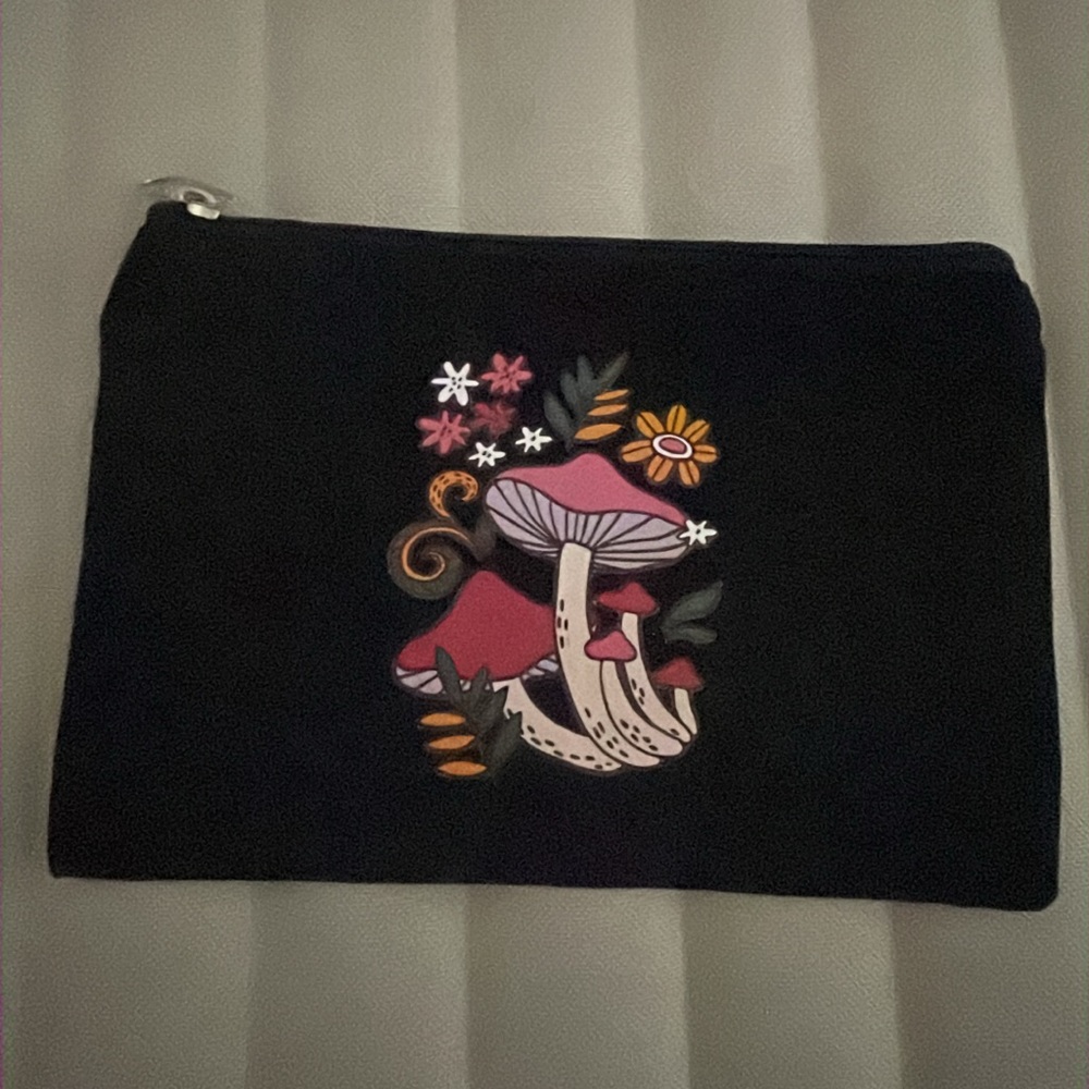 Black Pouch with Colorful Mushroom Design